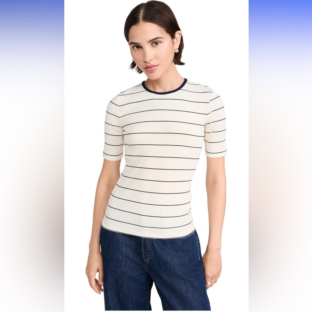 Vince Navy and Cream Striped Ribbed Tee Small